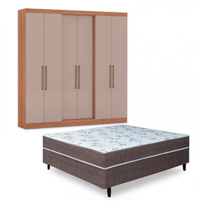 Guarda-Roupa Casal Bartira Napoli UP 6 Portas e 4 Gavetas + Cama Box Conjugada Casal Umaflex New Florença com Molas Ensacadas Avelã