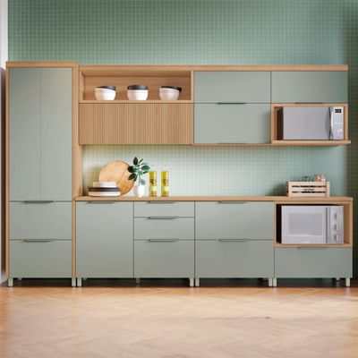 Cozinha Completa Nesher Marquesa com 8 Portas e 7 Gavetas 350cm Marrom com Verde