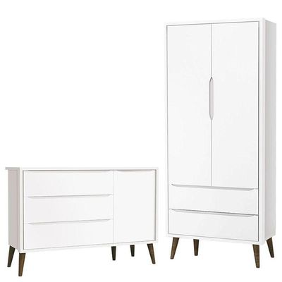 Cômoda Infantil Com Porta E Guarda Roupa 2 Portas Theo Branco Acetinado Com Pés Amadeirado - Reller