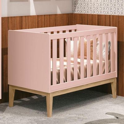 Berço Americano New Classic Rosa Com Pés Madeira Natural E Colchão Ortobom - Reller