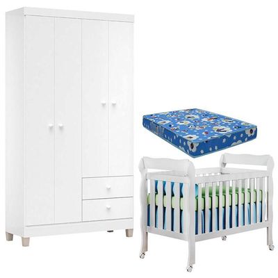 Berço Americano Lila Com Colchão E Guarda Roupa Ternura Baby 4 Portas Branco Flex - Incorplac