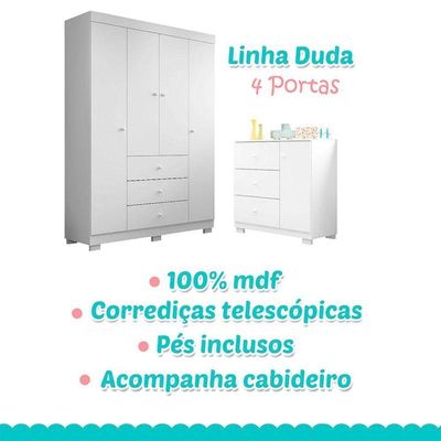 Cômoda Infantil Com Guarda Roupa 4 Portas Duda Branco Brilho - Phoenix Baby