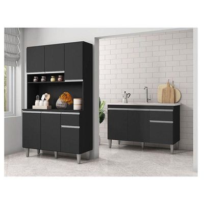 Balcão De Pia Tatiane 120 Cm E Armário Cozinha Kit Márcia Preto Fosco - Ajl