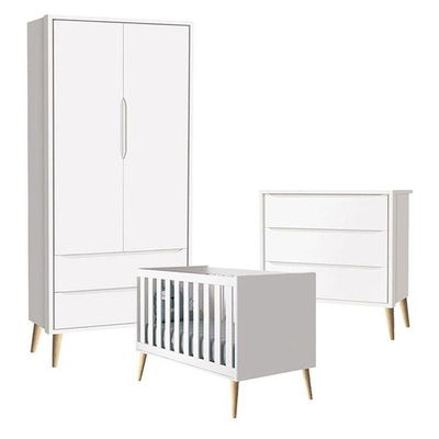 Quarto De Bebê Theo 2 Portas Com Cômoda Gaveteiro Branco Acetinado Pés Madeira Natural - Reller