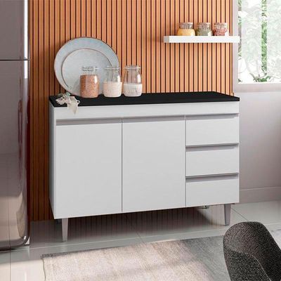 Balcão De Cozinha Andréia Branco Com Tampo 100 Cm Preto Fosco - Ajl