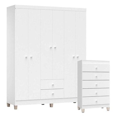Cômoda Gaveteiro E Guarda Roupa 6 Portas Ternura Baby Branco Brilho - Incorplac