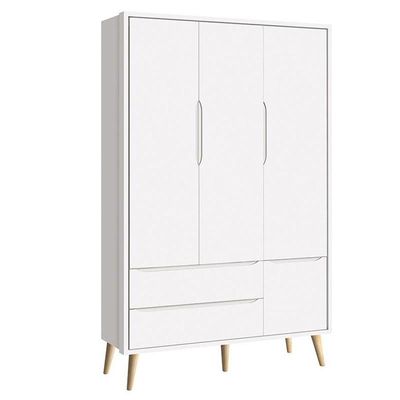 Quarto De Bebê Theo 3 Portas Com Cômoda Gaveteiro Branco Acetinado Pés Madeira Natural - Reller