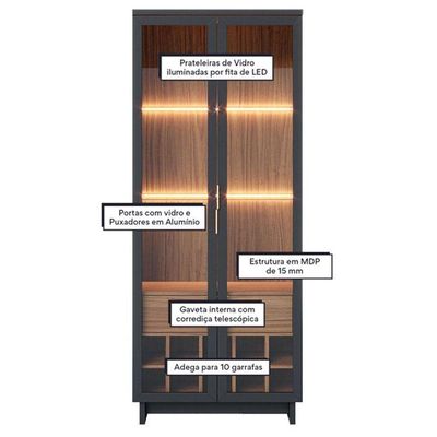 Cristaleira Ambiente Guanabara Preto Acetinado Noce Milano - Colibri