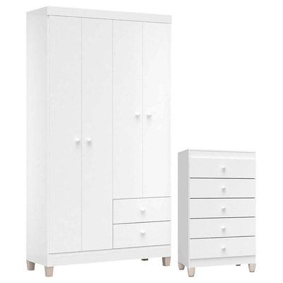 Cômoda Gaveteiro E Guarda Roupa 4 Portas Ternura Baby Branco Flex - Incorplac
