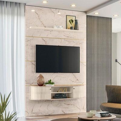 Estante Home Theater Com Bancada Suspensa Monte Carlo Com Mesa De Centro Indianápolis Calacata Off White - Madetec
