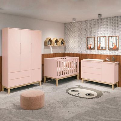 Quarto De Bebê Classic 3 Portas Com Colchão Rosa Pés Madeira Natural - Reller