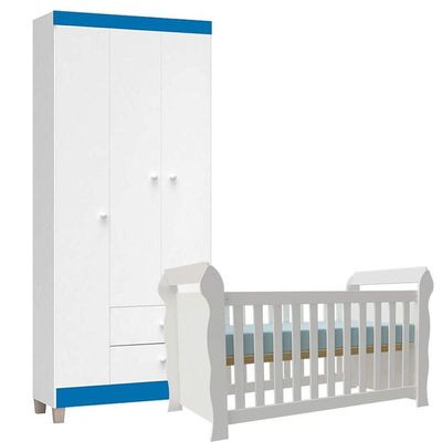 Berço Americano Lara E Guarda Roupa Ternura Baby 3 Portas Branco Brilho - Incorplac