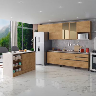 Cozinha Completa Bartira Cristal com 10 Portas, 5 Gavetas, 9 Prateleiras e Bancada Gourmet Lâmina Mel