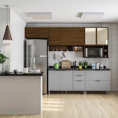 Cozinha Completa Bartira Rubi com 7 Portas e 5 Gavetas - 280cm de largura Grapia Platinum