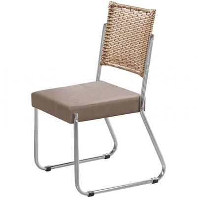 Cadeira Aço Nobre Claudia em Aço Carbono e Junco Sintético Suede Cromada e Bege