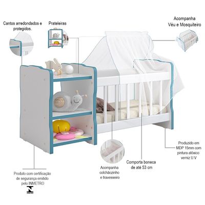 Berço Para Boneca Cristal Ursinho C02 Brinquedo Infantil Branco Azul - Lyam Decor
