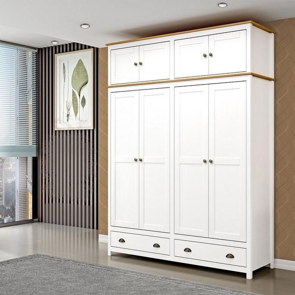 Guarda Roupa Decorativo Alina Madeira 4 Portas e 2 Gavetas Branco/Carvalho G74 - Gran Belo