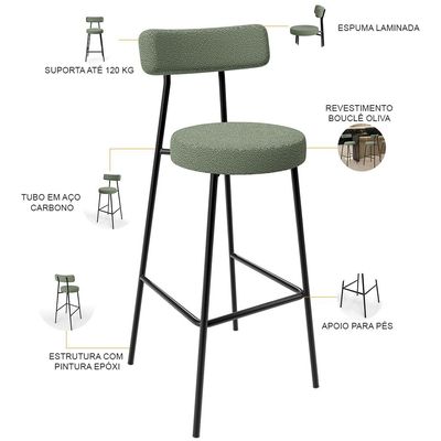 Banqueta Alta Bar Cozinha Sala De Jantar Estrutura Em Aço Milão L02 Bouclê Oliva - Lyam Decor