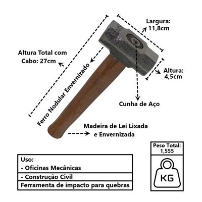 Marreta Premium Cabo de Madeira Envernizado Cunha Aço 1500g