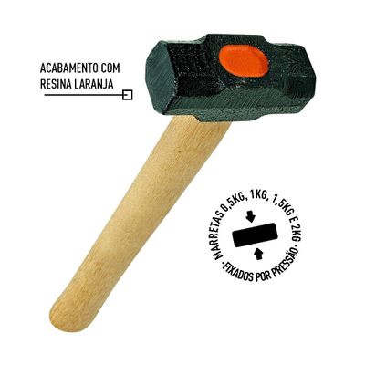 Marreta Cabo de Madeira Lixado Encerado Cunha Pressão 1Kg