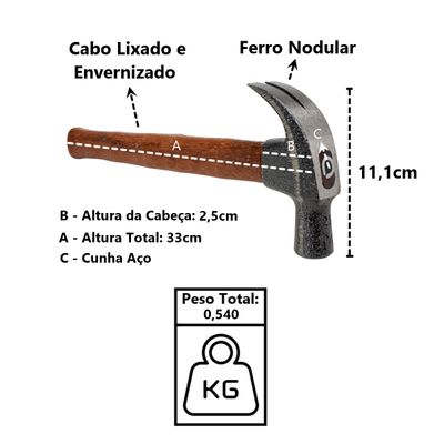 Martelo Unha Premium Cabo Madeira Envernizado Cunha Aço 25mm