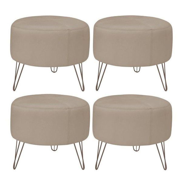 Kit 4 Puffs Decorativos Redondo Pés Metal Couro Bege - Gran Belo Kit 4 Puffs Decorativos Redondo Pés Metal Couro Bege - Gran Belo