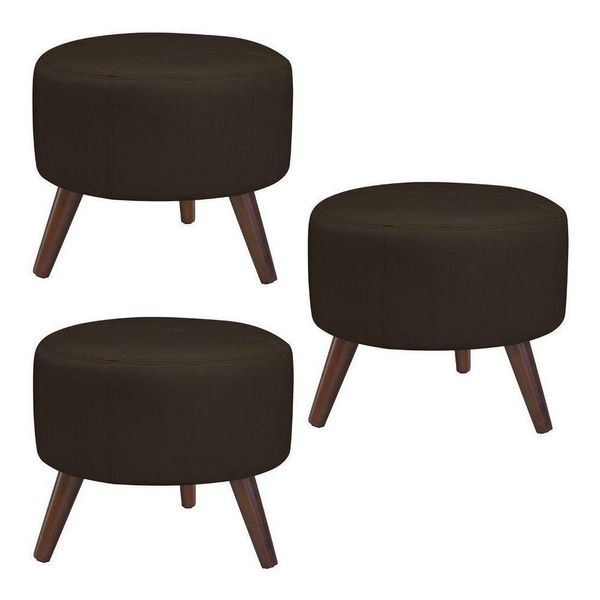 Kit 3 Puffs Decorativos Redondo Pés Palito Couro Marrom - Gran Belo Kit 3 Puffs Decorativos Redondo Pés Palito Couro Marrom - Gran Belo