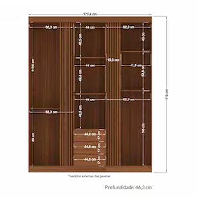 Guarda-roupa Santos Andirá Aurora 3 Portas 3 Gavetas 6 Prateleiras com Cabideiro Solteiro Jatobá