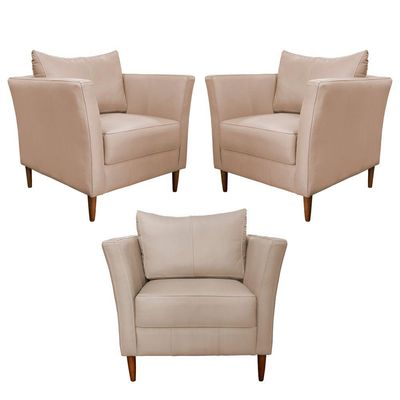 Kit 3 Poltronas Decorativa Sala de Estar Pés Palito Lubbock Couro Bege - Gran Belo