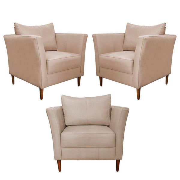 Kit 3 Poltronas Decorativa Sala de Estar Pés Palito Lubbock Couro Bege - Gran Belo Kit 3 Poltronas Decorativa Sala de Estar Pés Palito Lubbock Couro Bege - Gran Belo