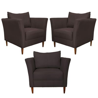 Kit 3 Poltronas Decorativa Sala de Estar Pés Palito Lubbock Couro Marrom - Gran Belo
