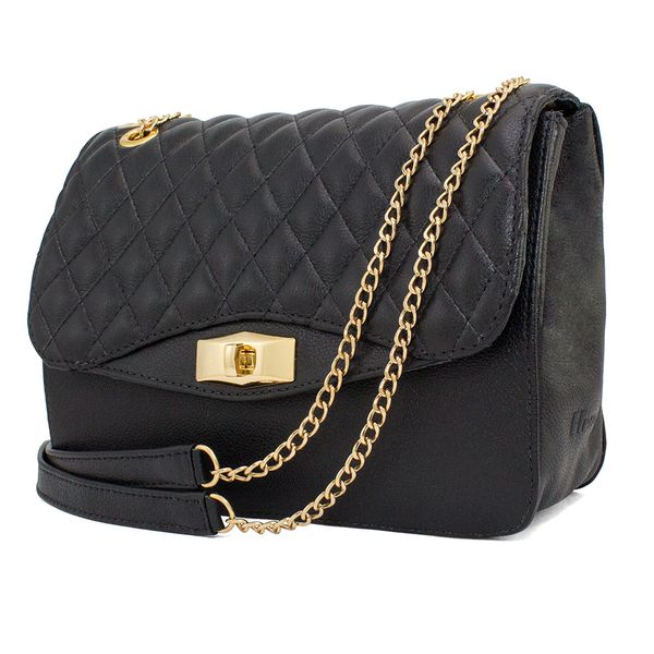 BOLSA EM COURO PRETA MENOR COM TAMPA MATELASSE MINI WALESKA