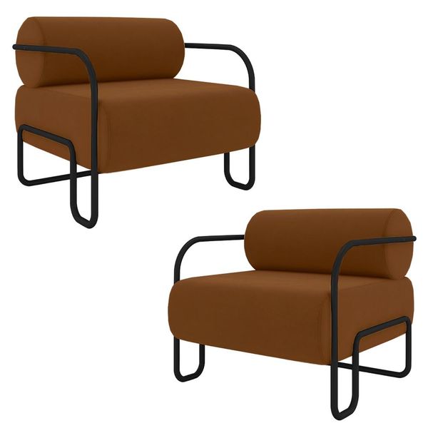 Kit 2 Poltronas Decorativas Sala de Estar Polatsk Base Industrial de Ferro Veludo Telha G33 - Gran Belo