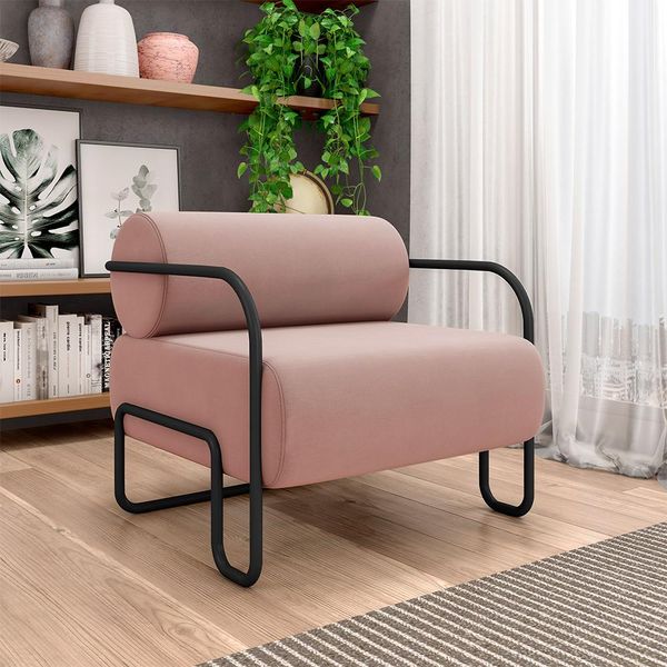 Poltrona Decorativa Sala de Estar Polatsk Base Industrial de Ferro Veludo Rosê G33 - Gran Belo