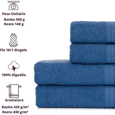 Jogo De Toalhas De Banho 4 Peças 100% Algodão Alta Absorção (2 Banho + 2 Rosto ) Padrão Hotel/pousada - Azul