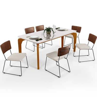 Mesa De Jantar Capri 160cm Off White E 6 Cadeira Allana B05 Couríssimo Marrom Linho Cru - Lyam Decor