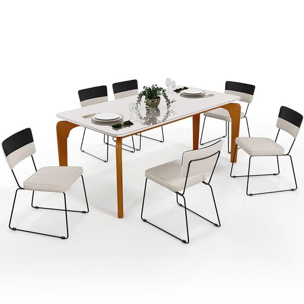 Mesa De Jantar Capri 160cm Off White 6 Cadeiras Allana B05 Faixa Corano Preto Linho Cru - Lyam Decor