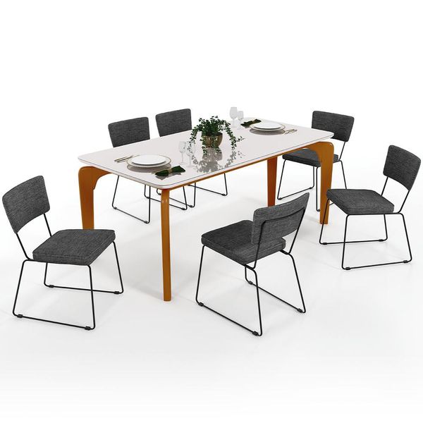 Mesa De Jantar Capri 160cm Off White Nature E 6 Cadeiras Allana B05 Linho Cinza Escuro - Lyam Decor
