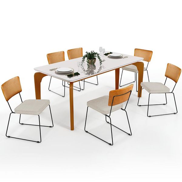 Mesa Capri 160cm Off White Com 6 Cadeiras Allana B05 Couríssimo Whisky Linho Champagne - Lyam Decor