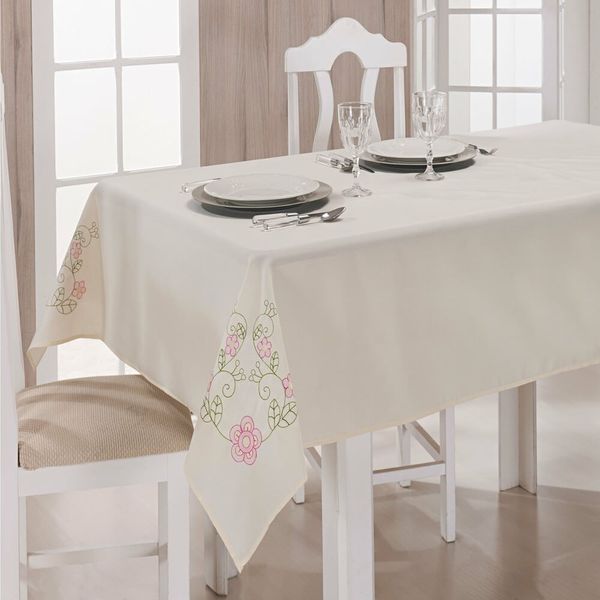 Toalha de Mesa Retangular 6 Lugares Dália Palha e Pink Guga Tapetes Retangular 6 Lugares