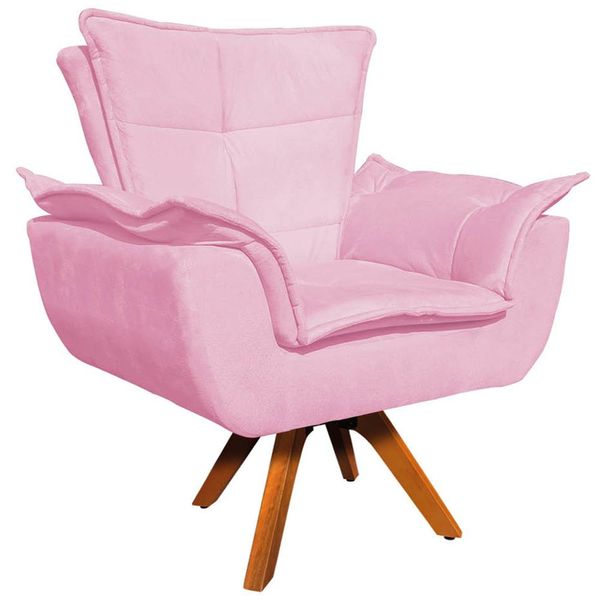 Poltrona Decorativa Base Giratória em Madeira Charger Suede Rosa - Gran Belo