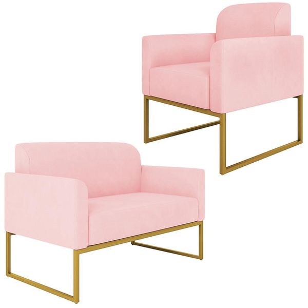 Conjunto Namoradeira e Poltrona Decorativa Isabella Base Industrial Suede Rosa Bebê/Dourado - Gran Belo