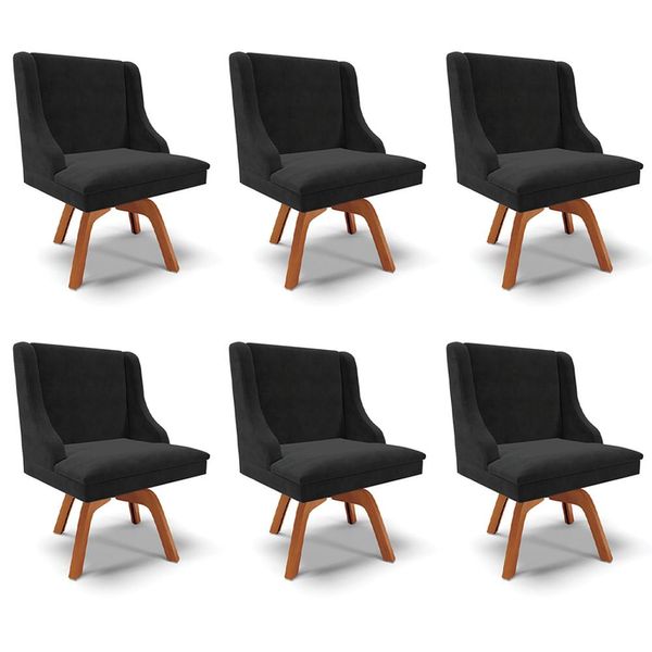 Kit 6 Cadeiras Decorativas Sala de Jantar Base Giratória de Madeira Firenze Suede Preto/Natural G19 - Gran Belo