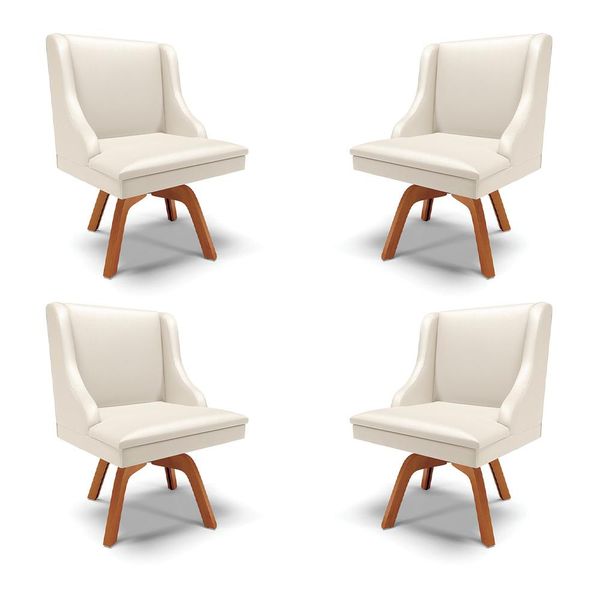 Kit 4 Cadeiras Decorativas Sala de Jantar Base Giratória de Madeira Firenze PU Bege/Natural G19 - Gran Belo