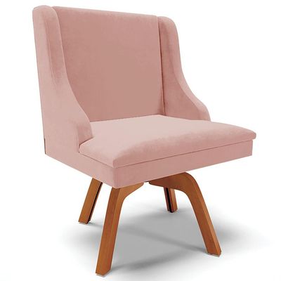 Cadeira Decorativa Sala de Jantar Base Giratória de Madeira Firenze Veludo Rosê/Natural G19 - Gran Belo