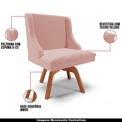 Cadeira Decorativa Sala de Jantar Base Giratória de Madeira Firenze Veludo Rosê/Natural G19 - Gran Belo
