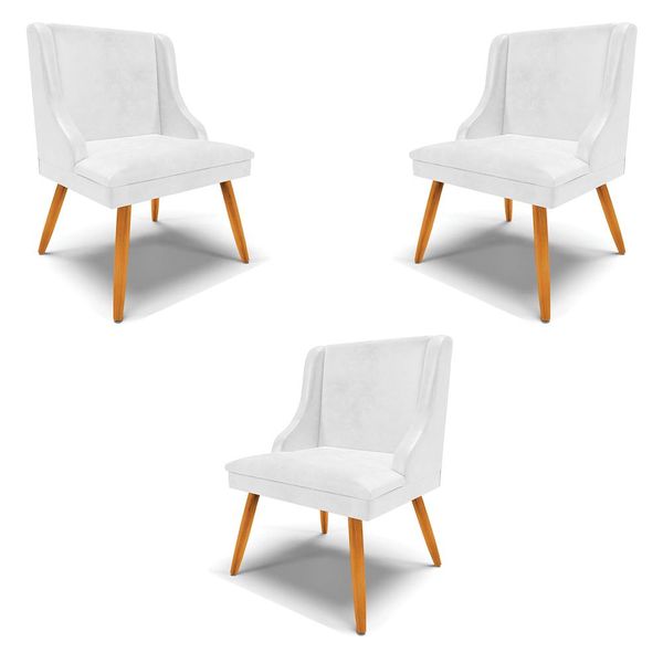 Kit 3 Cadeiras Decorativas Sala de Jantar Pés Palito de Madeira Firenze PU Branco Brilho/Natural G19 - Gran Belo