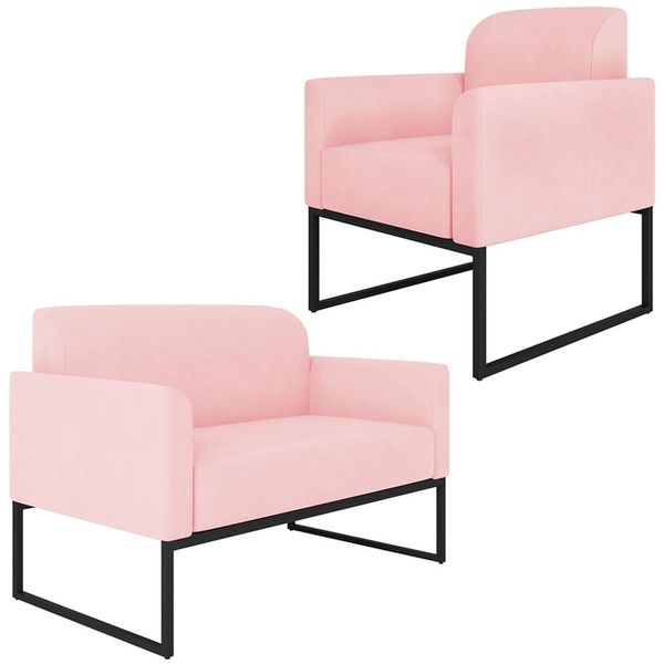Conjunto Namoradeira e Poltrona Decorativa Isabella Base Industrial Suede Rosa Bebê/Preto - Gran Belo