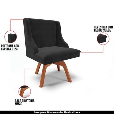 Cadeira Decorativa Sala de Jantar Base Giratória de Madeira Firenze Suede Preto/Natural G19 - Gran Belo