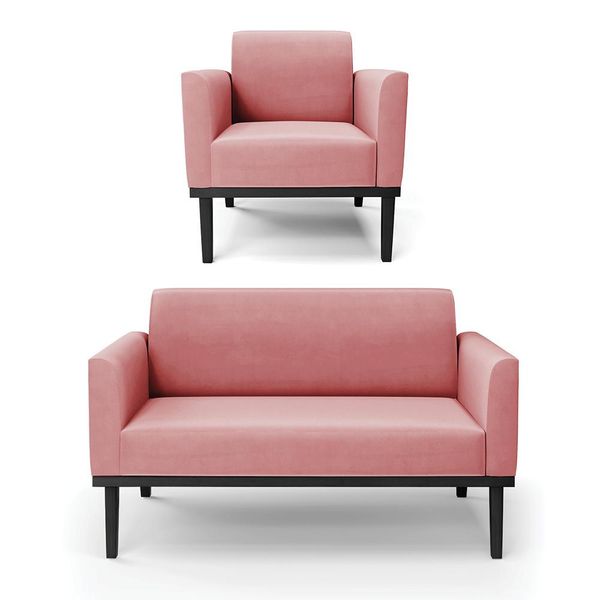Conjunto Poltrona e Namoradeira Decorativa Isabella Pés Fixo em Madeira Preto Suede Rose G19 - Gran Belo